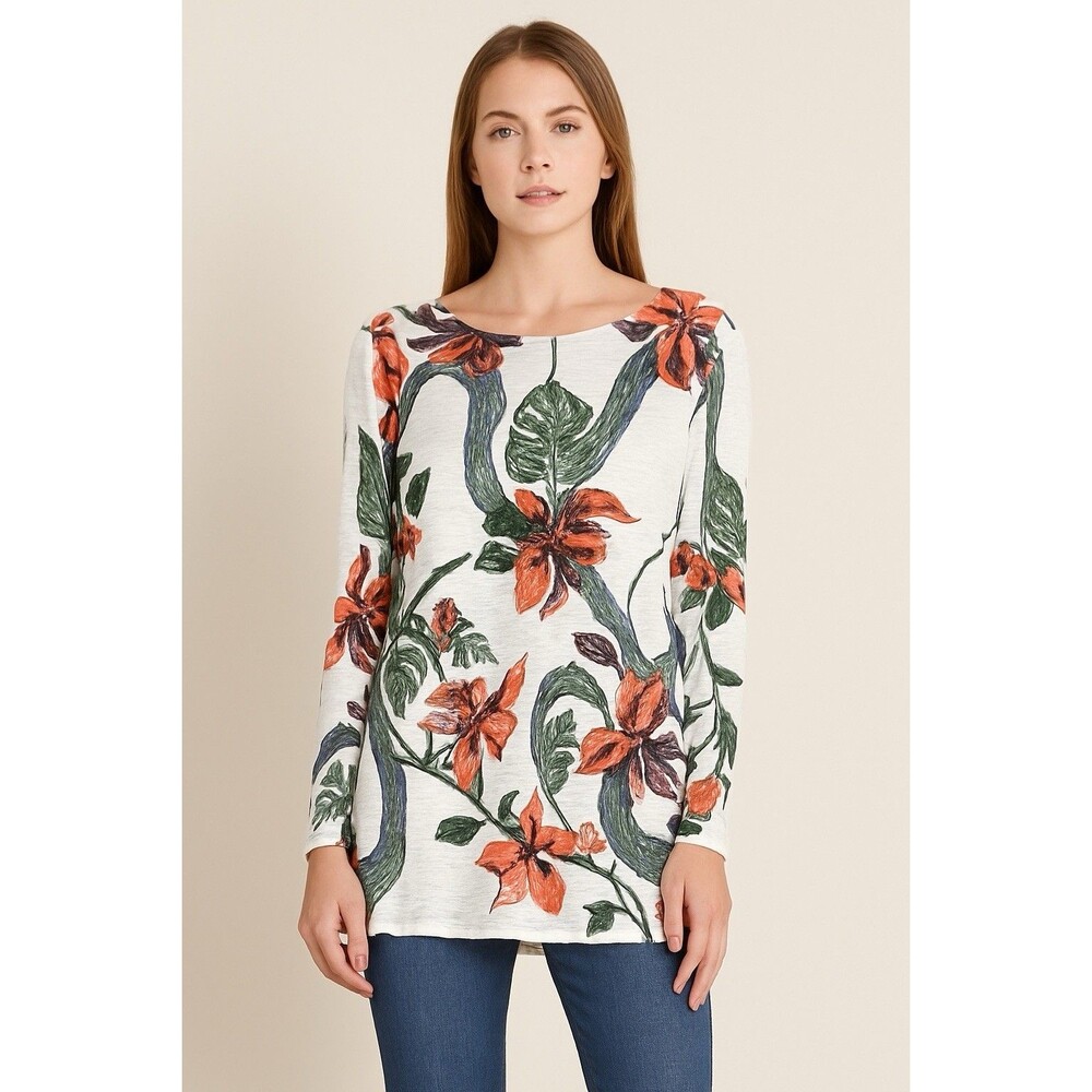 Soft Surroundings Petal Floral Sequin Tunic Top M Boho Boat Neck Long Sleeve